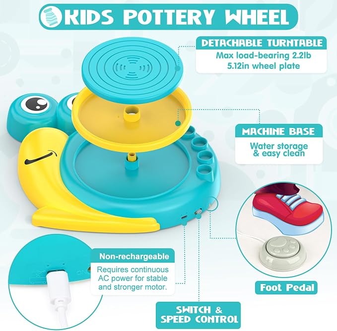 Aujazyble Pottery Wheel for Kids - Complete Art Supplies Arts & Crafts Kit, Crafts for Girls 8-12, Girls Boy Toys Birthday Halloween Christmas Gift for Kids Ages 6 7 8 9 10 11 12+, (Snail)