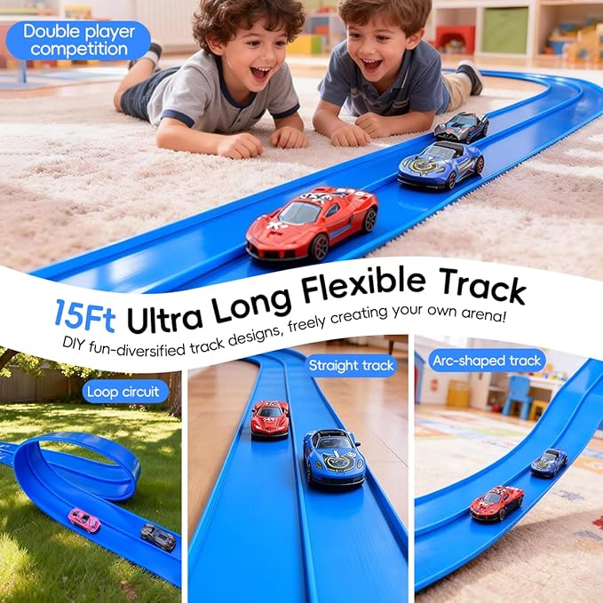Flexible Race Track for Kids Age 3+, 15 Ft Blue Car Track with Suction Cup | Rolls Up Toddler Car Ramp Toys Compatible with Diecast 1/64th Cars, Portable Flex Tracks for Boys Indoor Outdoor Play
