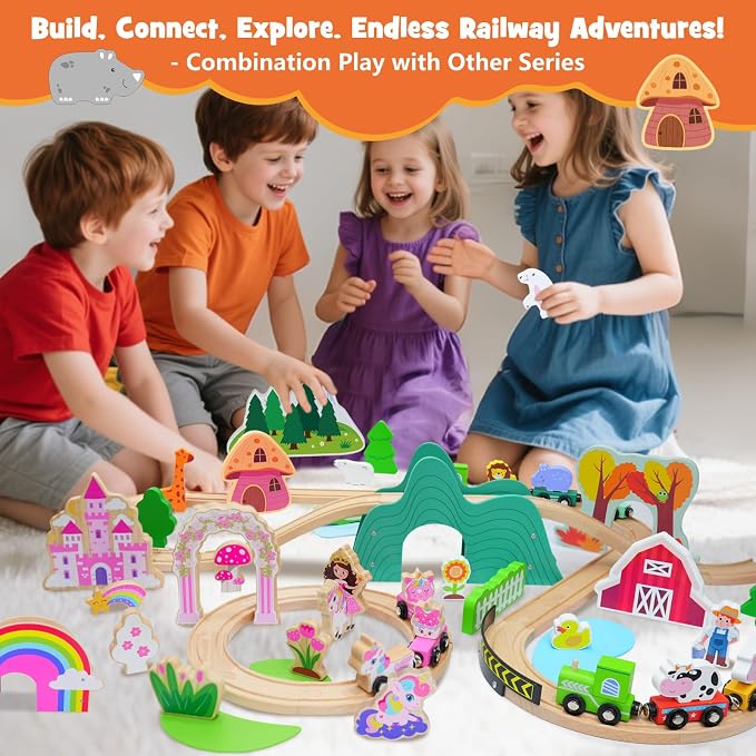 SIMPLIPLAY 45PCS Jungle Wooden Train Set with Safari Figures, Crash Barrier | Montessori Train Tracks for Toddlers 3-5 with Bridge & Wooden Safari Animal Toys, Gifts for 3 4 5 Years Old Girls & Boys