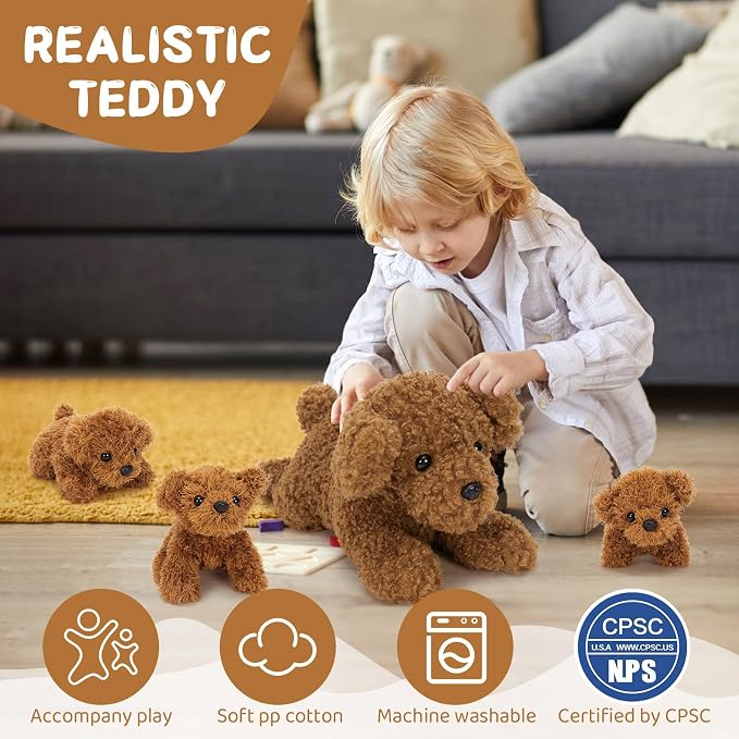 Muiteiur 4 Pcs Dog Stuffed Animal Set, 18.5 Inch Teddy Dog with Puppies, Brown Dog Plush for Kids Girls Boys, for Birthday Theme Party, Fun Decor