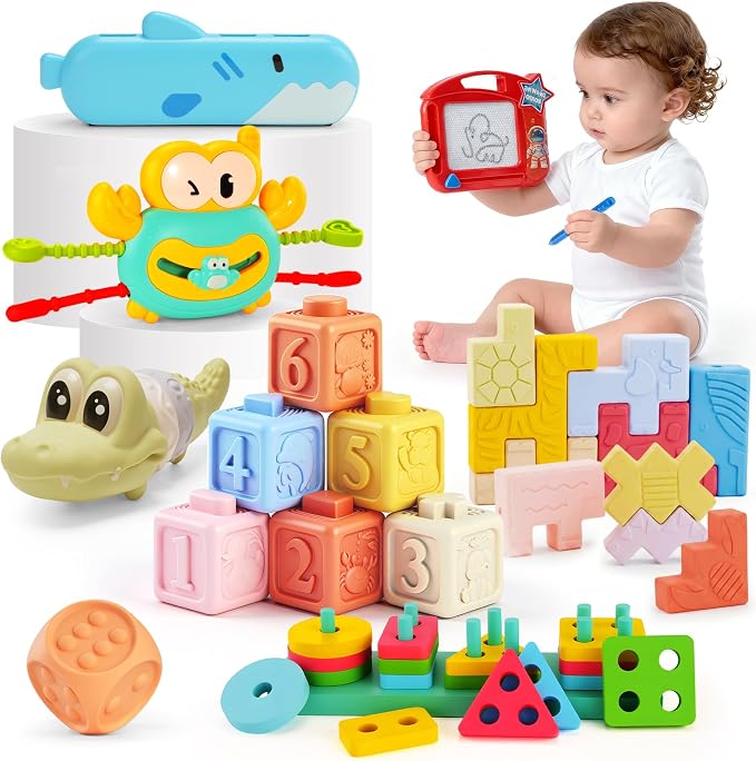 Montessori Baby Toys for 6-12 Months,Babies Travel Toy Set with Stacking Blocks, Pull Teether, Sensory Shape Sorter, Drawing Board & Harmonica, Infant Learning Gift for Toddler 1-3 Year Old