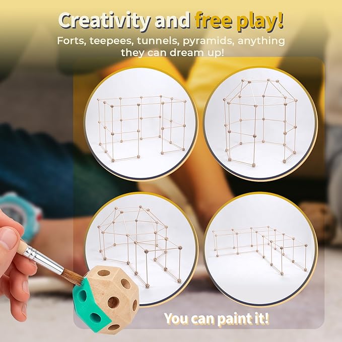 MIND KIDZ Wooden Fort Building Kit for Kids - STEM Montessori Construction Toy - 82 Pieces Fort Builder Play Set with Big Cotton Storage Bag