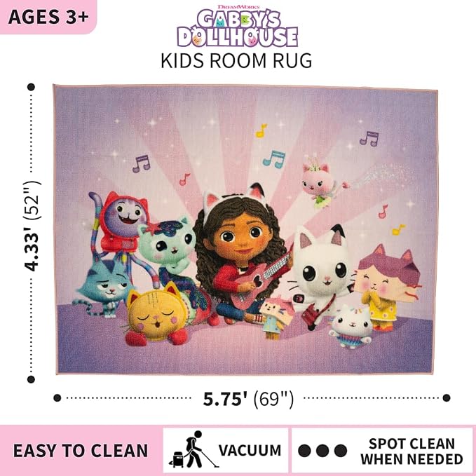 DreamWorks Gabby's Dollhouse Kids Room Non Slip Area Rug, 69 in x 52 in, (Official Licensed Product) By Franco