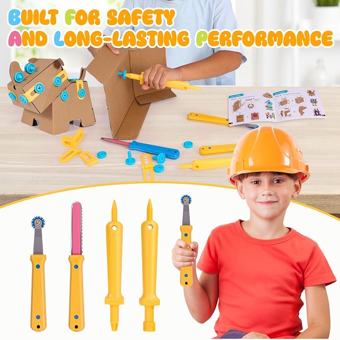 Zentara Kids Cardboard Tool Set, 232-Piece STEM Building Kit with Safe Wooden Cutter, Reusable Bolts & Nuts, Hinges, and Eco Gift Box