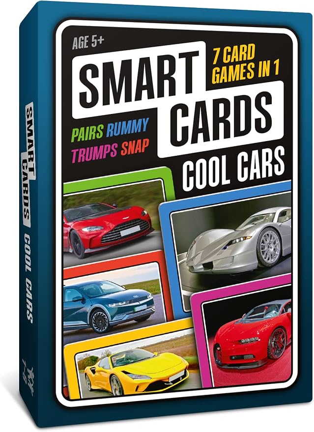 SMART CARDS Cars, Gift, Stocking Stuffer, Travel Game, 7 Games in 1, Pairs, Snap, Trumps, Rummy, Memory Quiz, Learn Facts, Age 5+, 1-8 Players