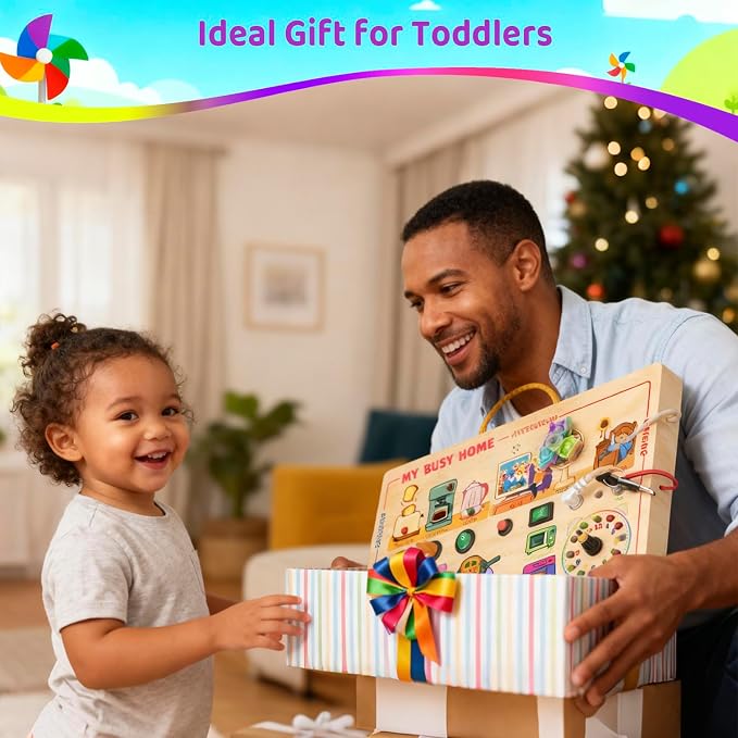 UdoUto My Busy Home Montessori Busy Board for Toddlers 1-3 - Wooden Sensory Activity Board with Kitchen Appliances, Switches, Clock | Educational Fine Motor Skill Toy for 1+ Year Old Girls