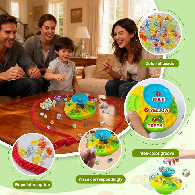 Wobble Marble Stack Balance Game with 60 Glass Marbles for Kids | 3 Tier Base & Dice & String, Built-in Storage, 1-4 Players Age 6+, Perfect Board Game for Family Game Night