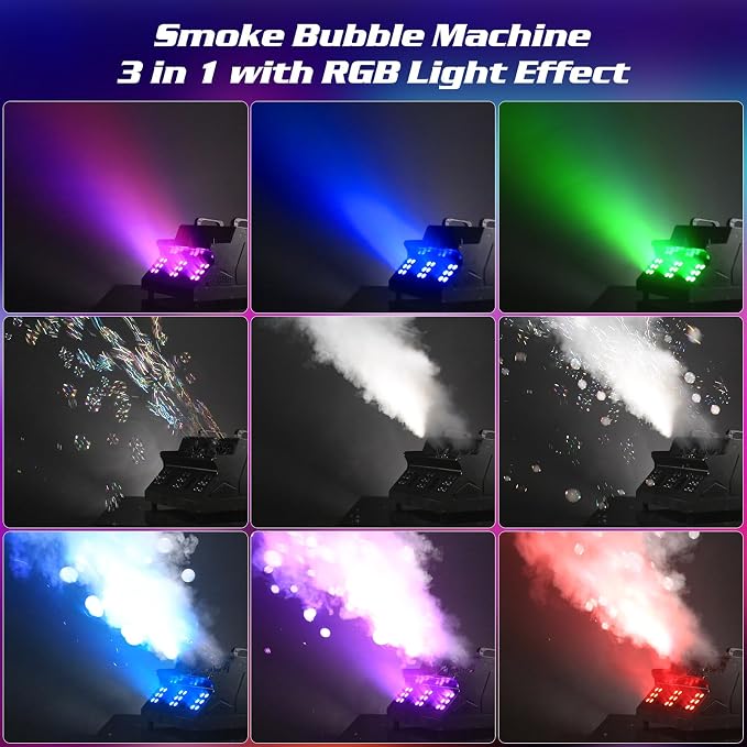 2000W Fog Bubble Machine, 3 in 1 Bubble Machine with 2 Bubble Fans,7 CH 18 RGB LED Lights Smoke Bubble All IN 1 Machine, Fog Machine Stage Effect for Party, Wedding, Halloween, 1 PACK