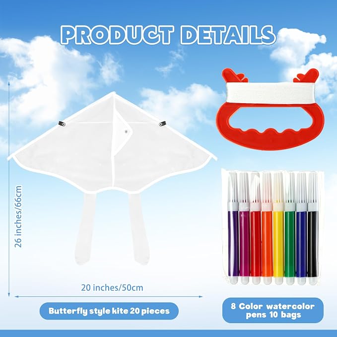 Honoson 20 Pieces DIY Blank Kite with Watercolor Pens and String 20 Inch Making Craft Kits Decorating Coloring Kite Pack for Outdoor and Activities