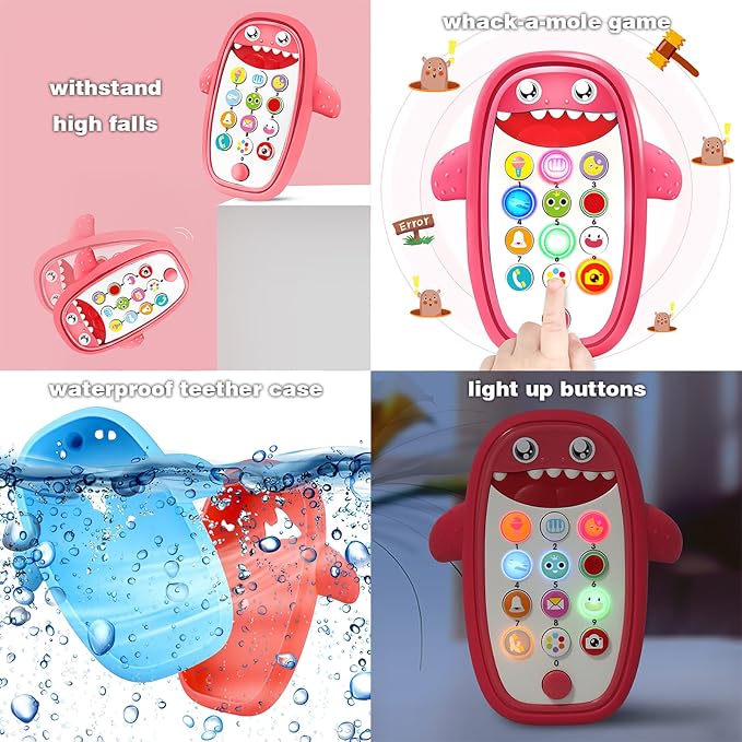 Baby Shark Cell Phone Toy Removable Teether Case, Light, Music Adjustable Volume Kid Play Learn Fake Phone Infant Toddler, Preschool Holiday Birthday Present Gift for Girl Boy 12 Months (Red)