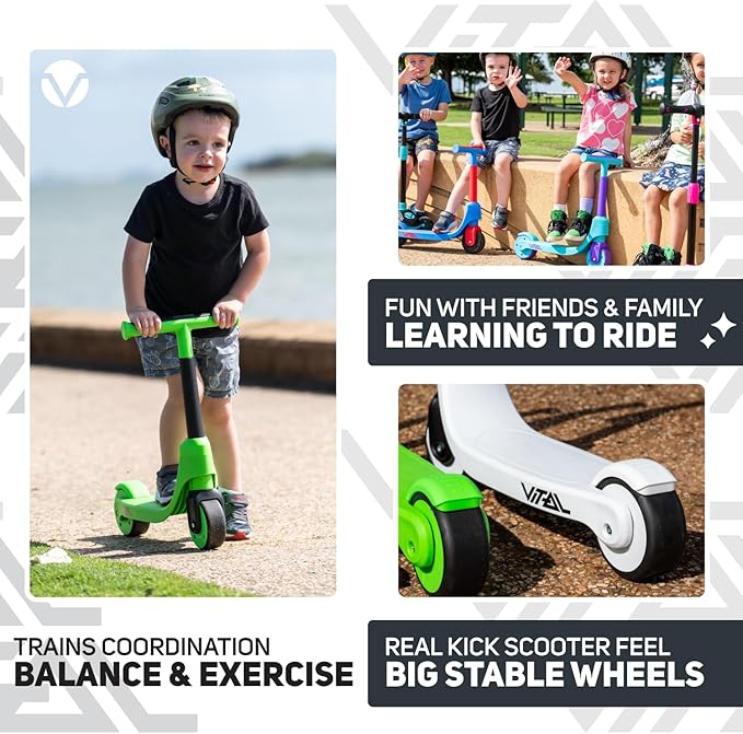 Vital First 2 Wheel Toddler Scooter | Beginner Balance Training Kids Toys for Ages 2-5 | Durable Lightweight Design & Fixed Height Kids Scooter | Wide Wheels and Foot Brake