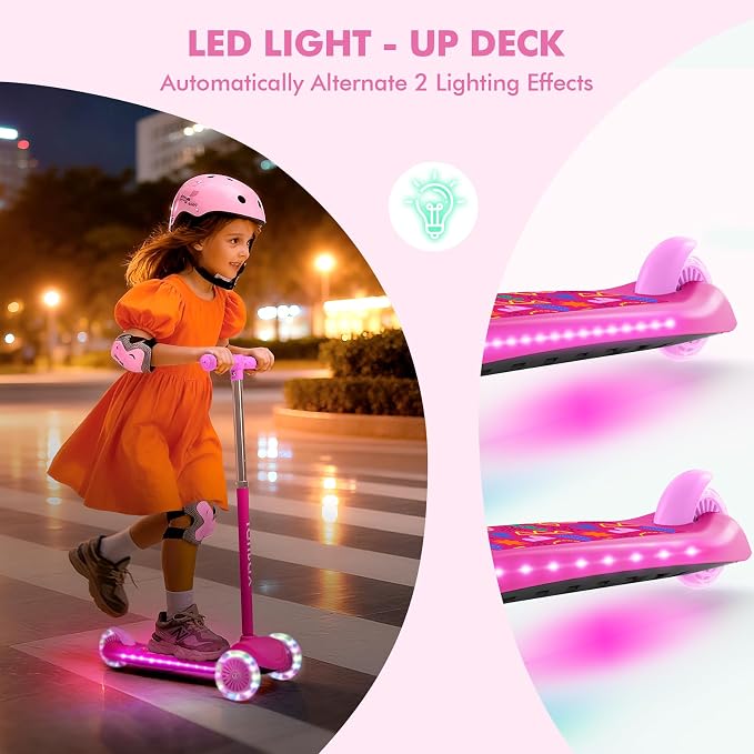 TONBUX Kids Scooter for Ages 3-5, Toddler Scooter with Light-Up Deck and Wheels, Adjustable 4-Level Height 3-Wheel Scooters for Kids, Lean-to-Steer Design