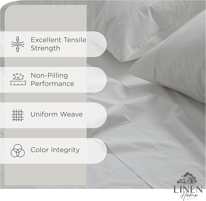 Linen Home 6 Piece Queen Cotton Sheet Set, 100% Cotton Percale, 4 Pillowcases, Deep Pocket with All Around Elastic Sheet, Crisp Breathable Bedding, Hotel Luxury, Long-Staple Combed Cotton, White