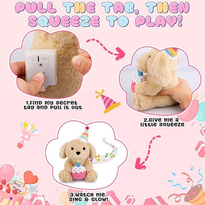 Birthday Sit Dog Plush Toy- Happy Birthday Singing & Glow Stuffed Animal, Musical Dancing Soft Puppy Stuffed Animal with Light-Up Cake, Singing Toy Party Doll Decor Gift for Girls Kids Boys