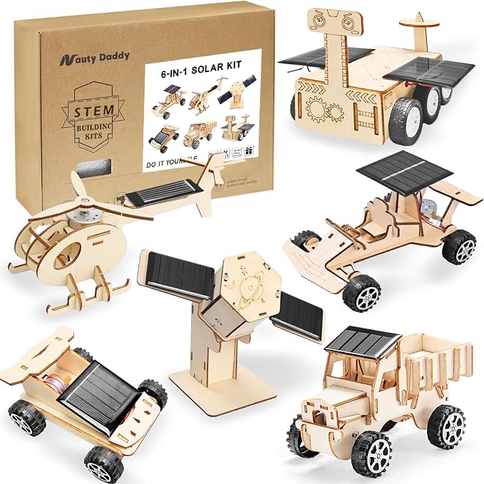 6-in-1 Solar STEM Building Kit, Wooden DIY Construction Set with Satellite, Helicopter, Cars, Educational Science Toy for Kids Ages 6-14 Years (1)
