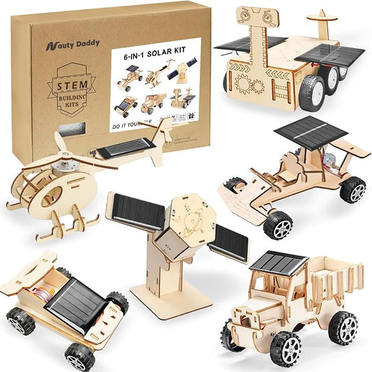 6-in-1 Solar STEM Building Kit, Wooden DIY Construction Set with Satellite, Helicopter, Cars, Educational Science Toy for Kids Ages 6-14 Years (2)