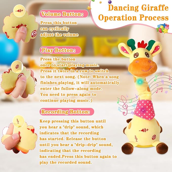 Dancing Talking Giraffe Toy, Stuffed Animal Baby Toy Repeating What You Say, Glowing Musical Giraffe Gifts for Toddlers 1-3 Years Old, for Kids (Giraffe)