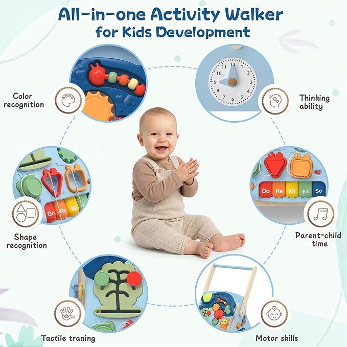 2 in 1 Wooden Baby Walker and Activity Center for Girls Boys Sit-to-Stand Learning Toy Kids Montessori Educational Push Toys with Music Detachable Busy Keyboard for Toddlers Blue