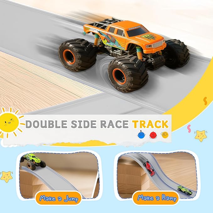 Flexible Race Track for Kids, 16 Ft Flex Race Car Ramp Track with Racing Cars Track Toys Compatible with Diecast 1/64th Hot Wheel Cars Rolls up Portable Car Ramp Toys for Boys and Girls Ages 3+ -