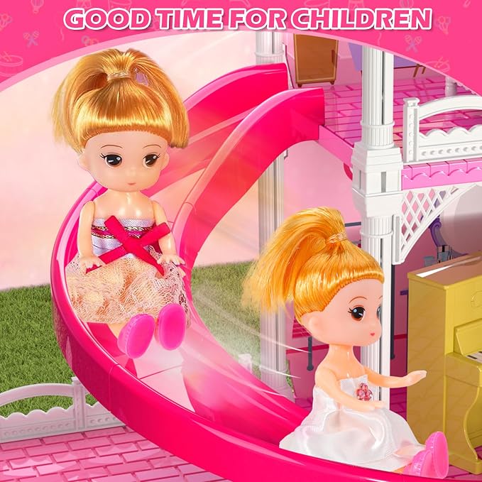 DIY Dollhouses for Girls - 4-Level 10-Room Villa with 2 Dolls, 4 Dogs & Rich Accessories, Dolls House Toys for Kids 4-8 Years Old