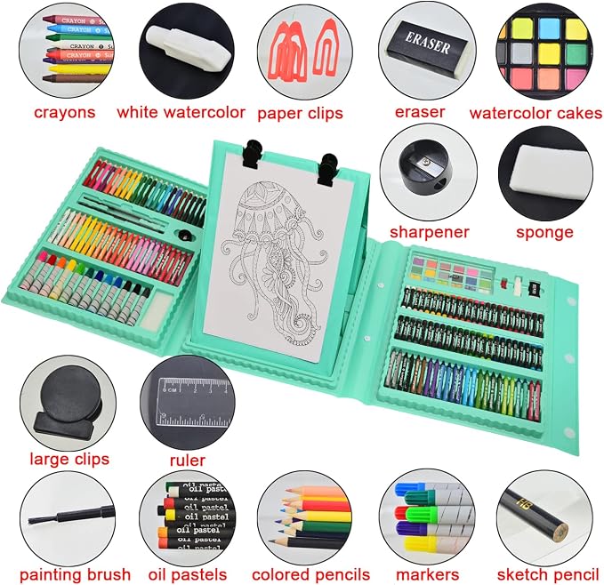 Sunnyglade 185 Pieces Double Sided Trifold Easel Art Set, Drawing Art Box with Oil Pastels, Crayons, Colored Pencils, Markers, Paint Brush, Watercolor Cakes, Sketch Pad (Green)