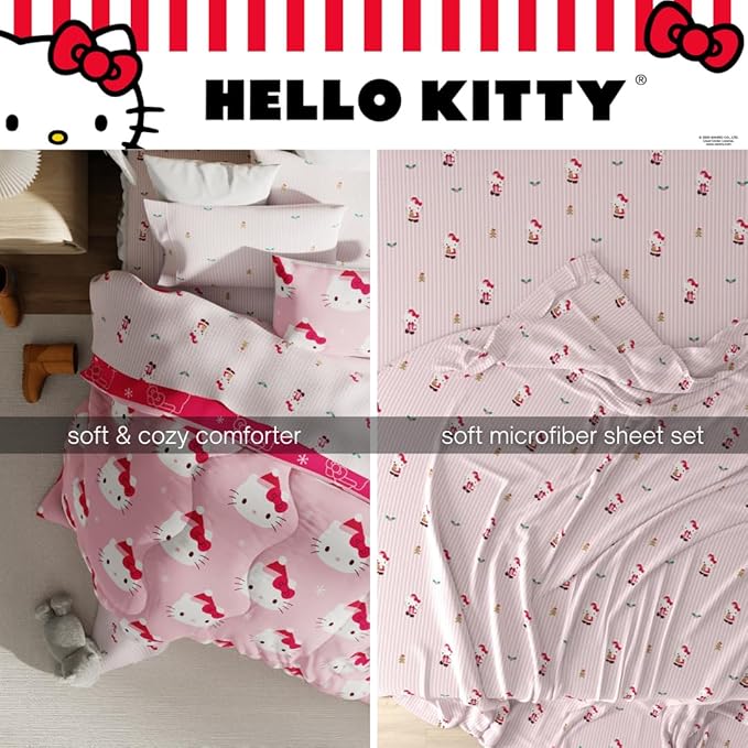 Sanrio Hello Kitty Holiday & Christmas Bedding Soft Comforter and Sheet Set with Sham, 5 Piece Twin Size, (Officially Licensed Product) By Franco