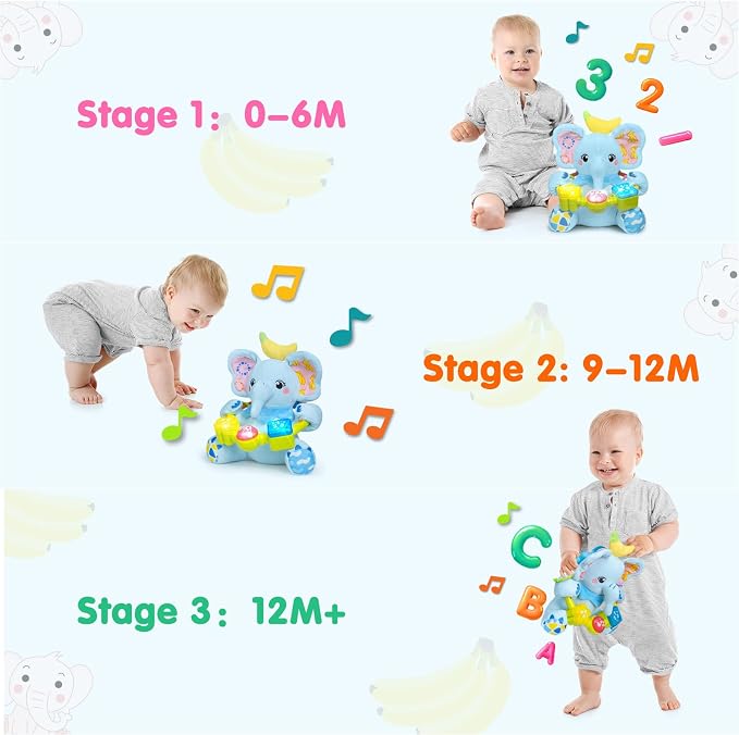 Ryotagift Baby Bilingual Musical Elephant Stuffed Animals Toys, Infant Early Learning Toy with Light-Up Music & Crinkle, Tummy Time Toys for 0 3 6 9 12+ Months for Baby Boy Girl Gift, Blue