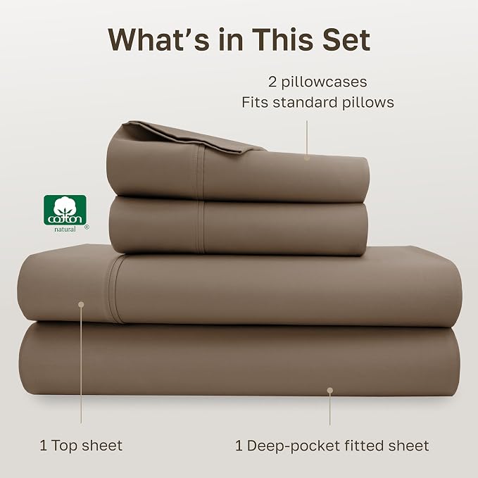Natural 100% Cotton Bed Sheets Full Size Set - Soft 400 Thread Count Sateen Sheet Sets Full Size Bed, Deep Pockets with All Around Elastic for a Snug Fit, Durable Bedding - Mocha