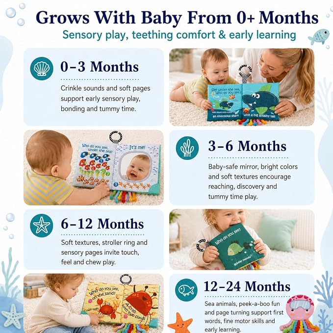 Fish Baby Book, Crinkle Books for Babies, Touch & Feel Soft Books, Infant Baby Toys 0-3 0-6 6-12 Months, Sensory Mirror Toy,Teether Ring, Baby Shower, Baby Basket Stuffers,Gifts for Boys Girls -Green