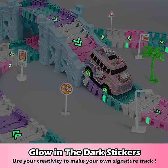215 PCS Unicorn Race Tracks for Kids Toys, Glow in The Dark Magic Toy Set with 360° Loop Ramp, 1 Unicorn Car Track, Flexible DIY Track Set, Birthday Gift for 3-9 Year Old Boys Girls Toddlers