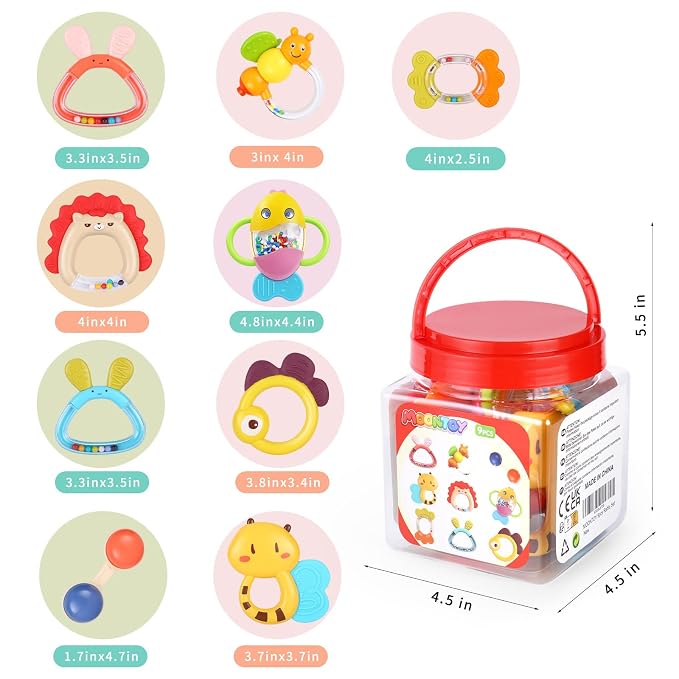 MOONTOY 9pcs Baby Rattles Infant Teething Toys Teethers Sensory Toys for Babies 3-6 Months 6-12 Months Boy Girl Gifts