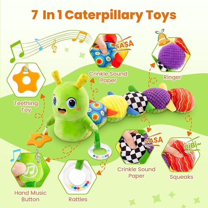Baby Toys 0-6 Months, Washable Baby Musical Caterpillar Toys with 10 Children's Songs,Rattles,Teething Toys,Suitable for 0-6, 6-12 Months Infant Tummy Time Toy,Newborn Baby Boy&Gril Gifts(SoftGreen)
