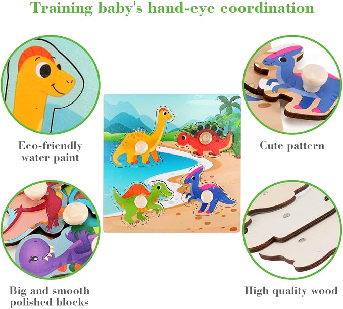 Wooden Peg Puzzles for Toddlers 1-3, Kids Educational Preschool Peg Puzzle Toy Ages 2-4, Set of 4 Dinosaur Toddler Puzzles, Ideal Gift for Ages 1 2 3 4 Boys and Girls
