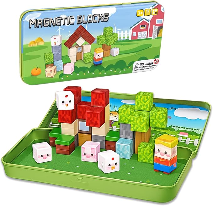 OAR Magnetic Blocks for Kids Ages 3-8 – 35 PCS Mini Magnetic Cubes Farm Animal Building Set, Travel Toy with Portable Iron Box, STEM Magnetic Tiles Gift for Toddlers, Boys & Girls
