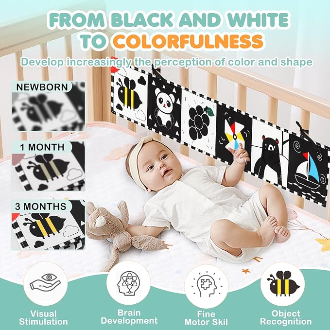 BBWOO High Contrast Baby Toys for Newborn, Tummy Time Mirror, Black and White Baby Toy for 0-6 Months, Soft Montessori Visual Stimulation Infant Book, Boy Girl Shower Gift