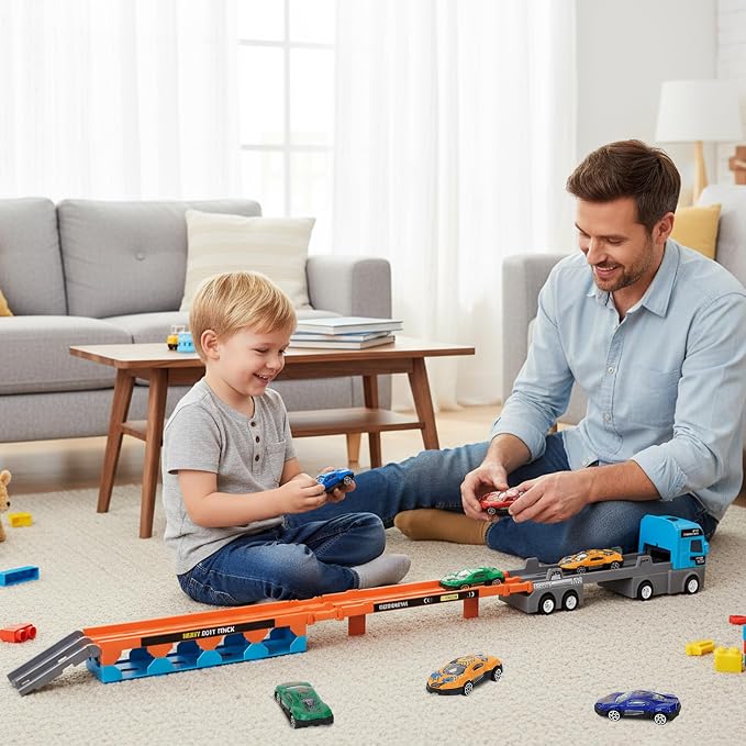 2-in-1 Race Truck Car Toys for 3-8 Years Old Boys Girls, Trucks for Toddlers 2-4 Years Foldable Transport Car Toys with 2 Foldable Tracks 16 Race Cars, Birthday Gifts Children's Day for Kids