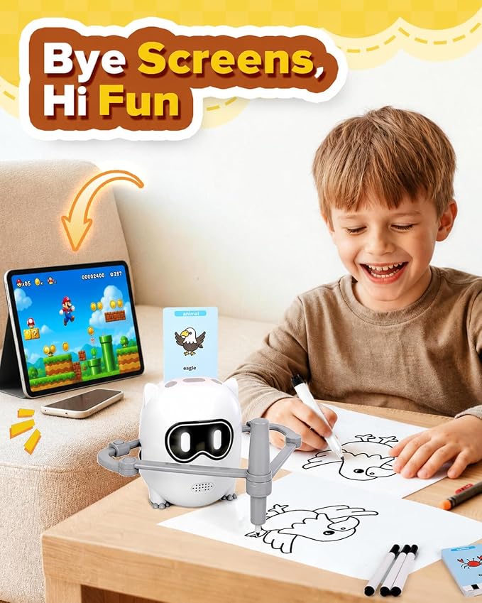 Drawing Robot Toy for Kids Ages 3 4 5 6 7 8, with 200 Cards, Voice Interactive Doodle Bot, Montessori Educational Painting Machine, Learning Art Toy for Boys Girls, Gift Idea