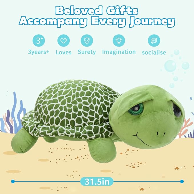 MorisMos Giant Sea Turtle Stuffed Animal Plush Pillow - 31.5" Big Stuffed Turtle Plush Pillow for Kid & Adult, Large Holiday Toy Gift for Marine Lovers, Cuddly Ocean Creature Decor,CE/CPC Certified