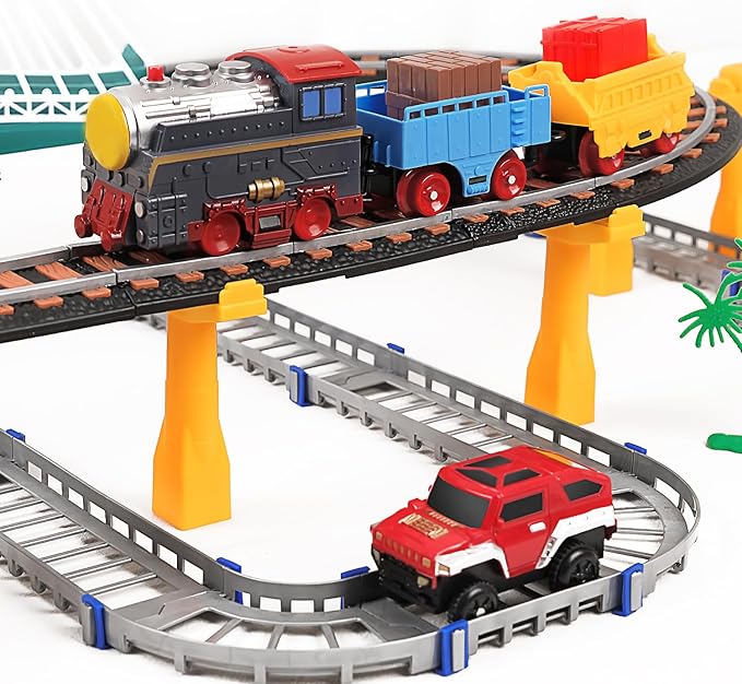 Electric Toddler Train Set Toy, Battery Powered Railway Train Track Toy Playset with Realistic Sound & Lights Up for Kids Ages 3 4 5, Boys and Girls