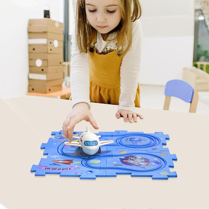 4 Year Old Boy Birthday Gift, Puzzle Racer Kids Car Track Set Puzzle Racer Car Track Set with Roadmap Puzzle Track Car Play Set Toys for 4 Year Old Boys (E-Space, Set3-5Pcs)