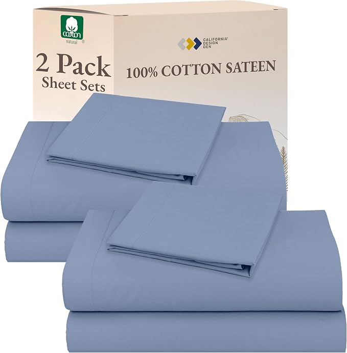 California Design Den 100% Cotton Pack of 2 Twin XL Sheet Sets, Soft & Durable Twin Extra Long Sheets with 12" Pockets, Twin XL Sheets with Sateen Sheets (Blue Hydrangea)