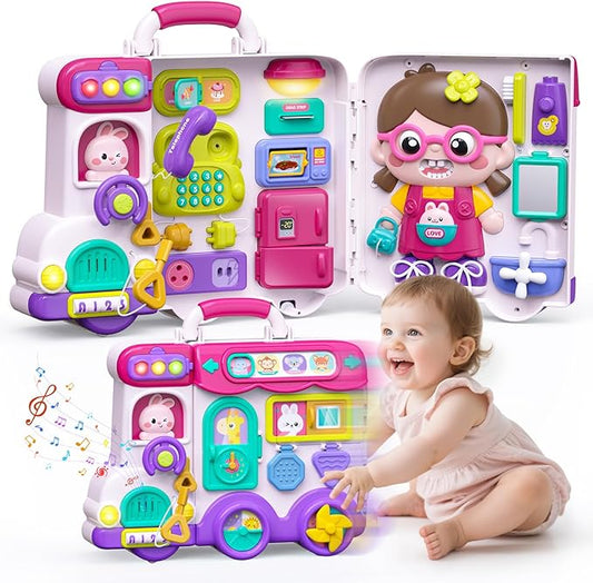 Vanvimen Toys for 1 Year Old Girl, Ideals Gifts for 1 Year Old Girl, 54-in-1 English & Spanish Baby Busy Board Montessori Toys, Montessori Busy Board Toys for 1 Year Old, Toddler Girl Toys Gifts