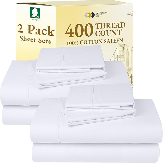 California Design Den Pack of 2 Queen Bedsheet Sets - 400 Thread Count 100% Cotton Sateen - Soft and Breathable Sheets, 2 Sets of Deep Pocket Bed Sheets - Bright White