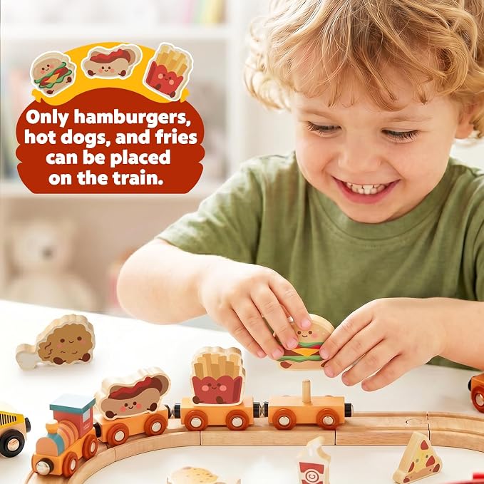 Lehoo Castle Wooden Train Set for Toddlers 2-4, Burger Theme Train Track Set Compatible with Major Brands, Expandable Wooden Railway Toy, Gift for Boys & Girls Ages 3-5
