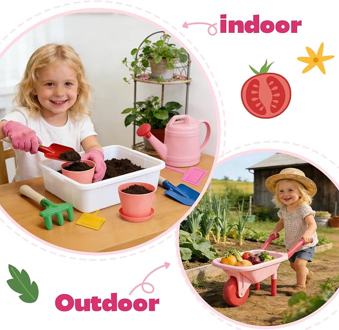 CUTE STONE Kids Gardening Tool Set, Pink Wheelbarrow with Garden Toys with Watering Can, Gloves, Hand Rake, Shovel, Trowel, Outdoor/Indoor Pretend Play Toys for Toddlers Boys Girls Age 3+