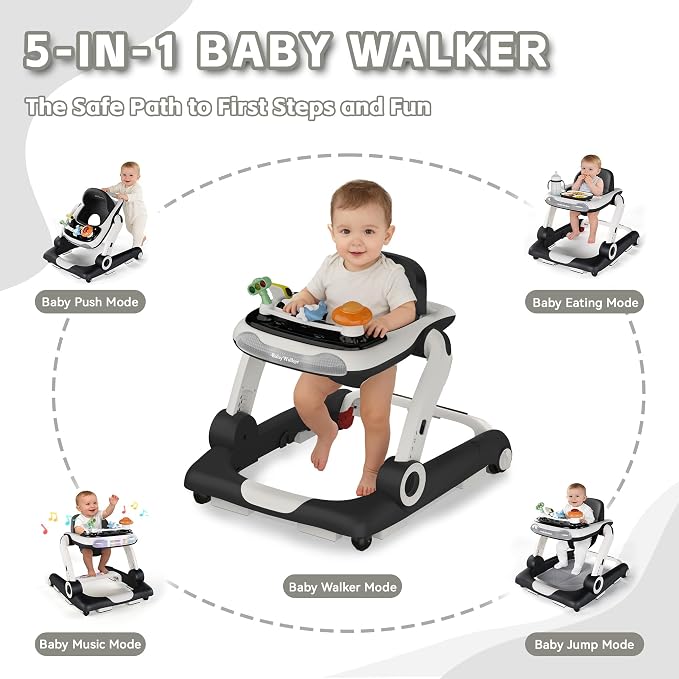 Baby Walker,4-Gear Height Adjustable Baby Walker with Wheels,5 in 1 Baby Activity Center,Music and Lights Bouncer Walker for Baby Boy 6-18 Months,Adjustable Speed Baby Push Walker