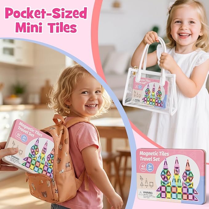 WMXDU Mini Magnetic Tiles with Iron Box, 42PCS Travel Size Magnet Building Blocks Toy Set, Protable Construction Block Toys Educational Learning Sensory Toys for 3+ Year Old Boys Girls Birthday Gift