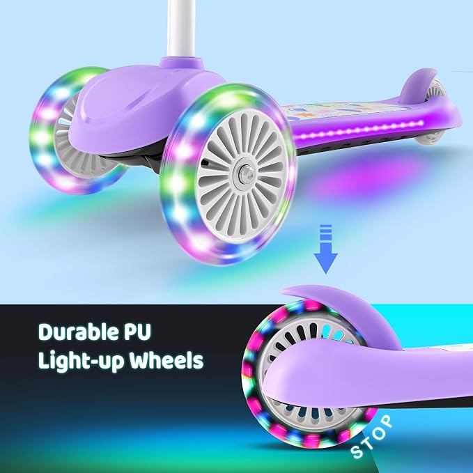 TONBUX Kids Scooter for Ages 3-5, Toddler Scooter with Light-Up Deck and Wheels, Adjustable 4-Level Height 3-Wheel Scooters for Kids, Lean-to-Steer Design
