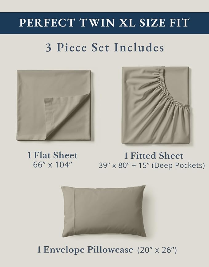 LANE LINEN Twin XL Sheets 100% Organic Cotton Percale Cooling Soft - Silver | Twin XL Sheets In 100% Organic Cotton Percale - All-Season Comfort, For Dorms & Adjustable Beds, Crisp Hotel-Style Feel