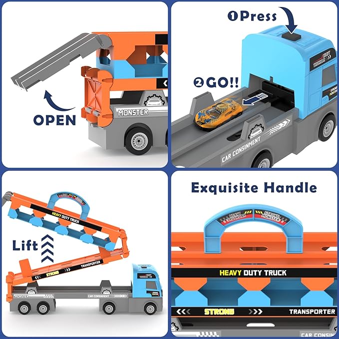 2-in-1 Race Truck Car Toys for 3-8 Years Old Boys Girls, Trucks for Toddlers 2-4 Years Foldable Transport Car Toys with 2 Foldable Tracks 16 Race Cars, Birthday Gifts Children's Day for Kids